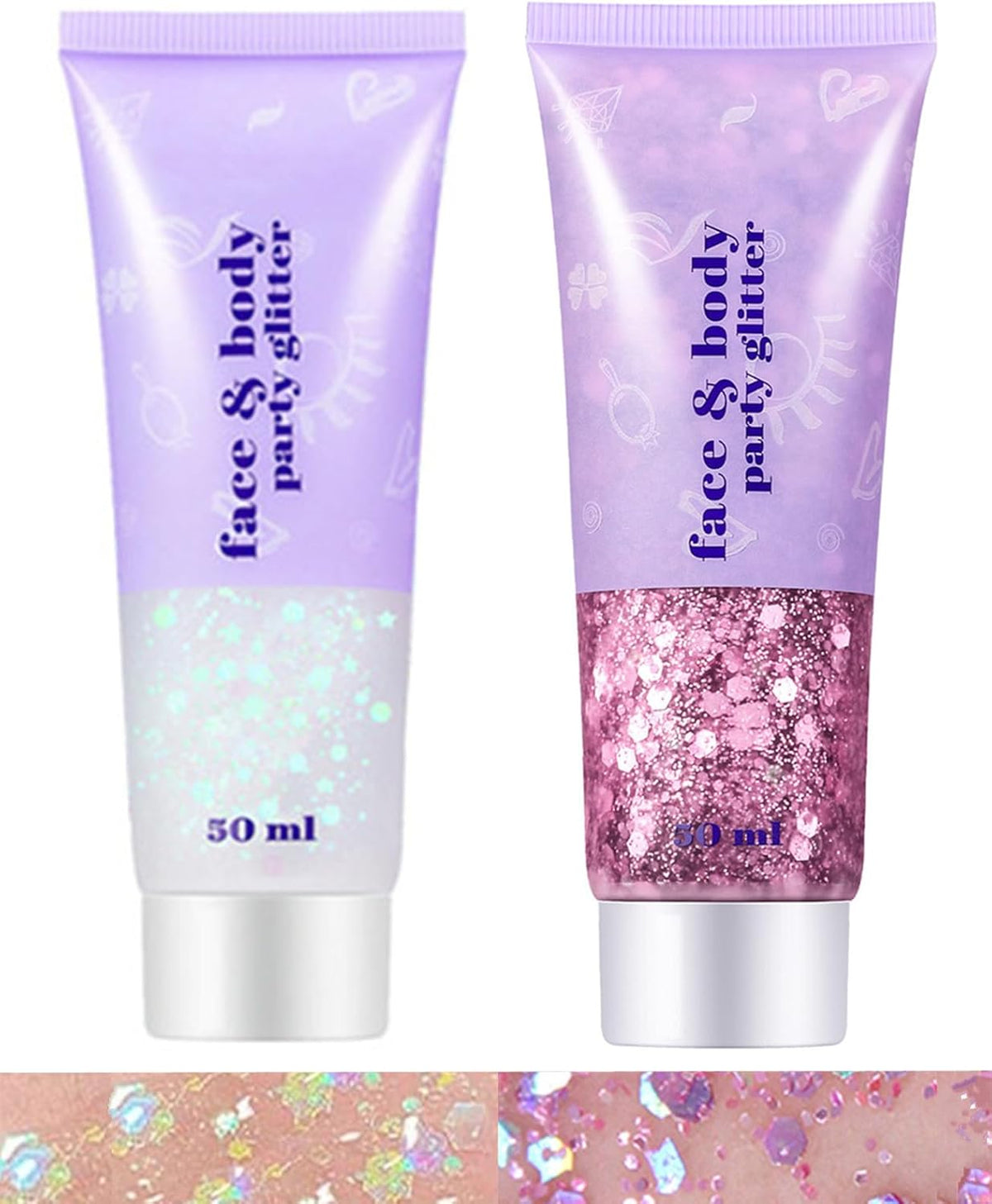 Go Ho Pink and White Body Glitter Set,Singer Concerts Face Glitter Gel Makeup,Holographic Long