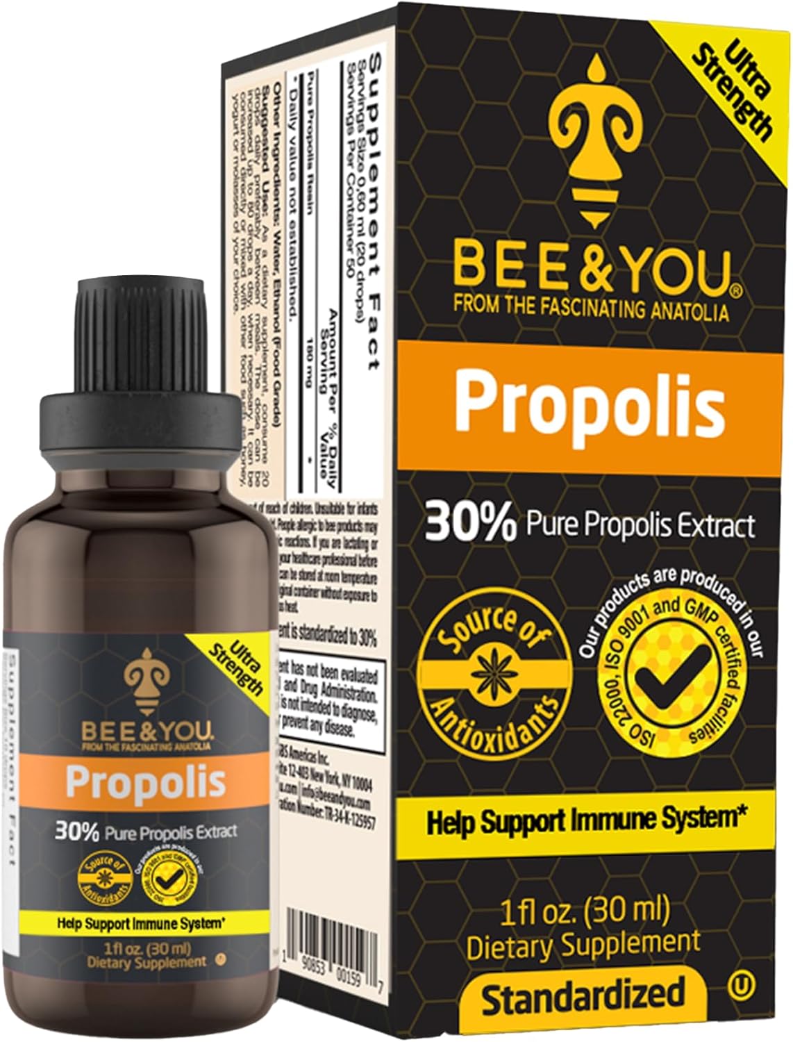 Bee and You Propolis Liquid Extract Drops, 30% Propolis, Ultra Pure, Immune Support Supplement