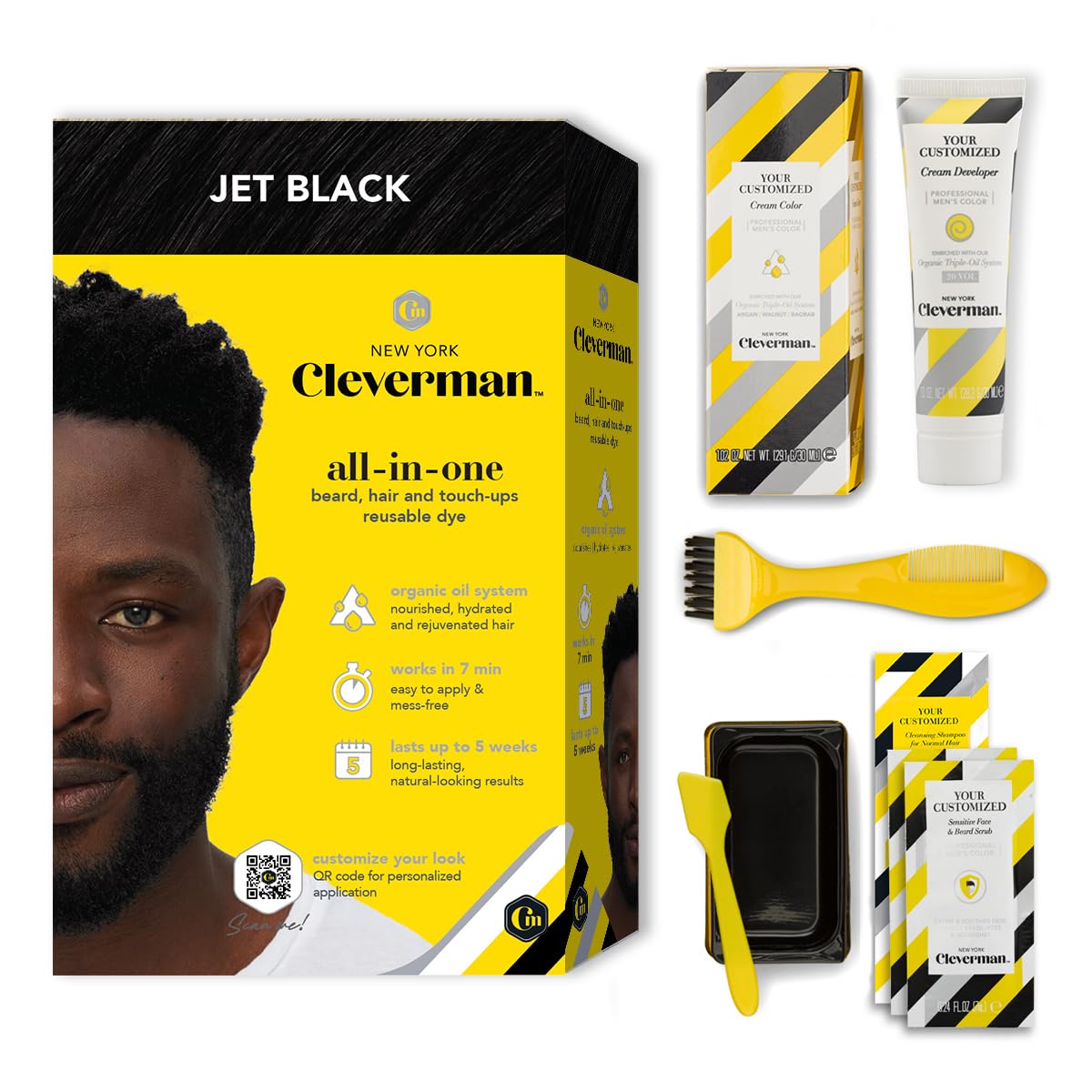 Cleverman Hair & Beard Dye Kit for Men, All-in-One Reusable Mens Hair Color, Natural Gray Coverage