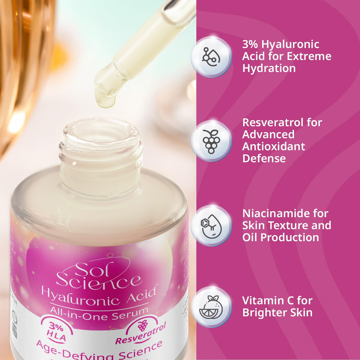 All In One Hyaluronic Acid Face Serum – Ultra Hydrating Anti Aging Serum with Vitamin C, Marine