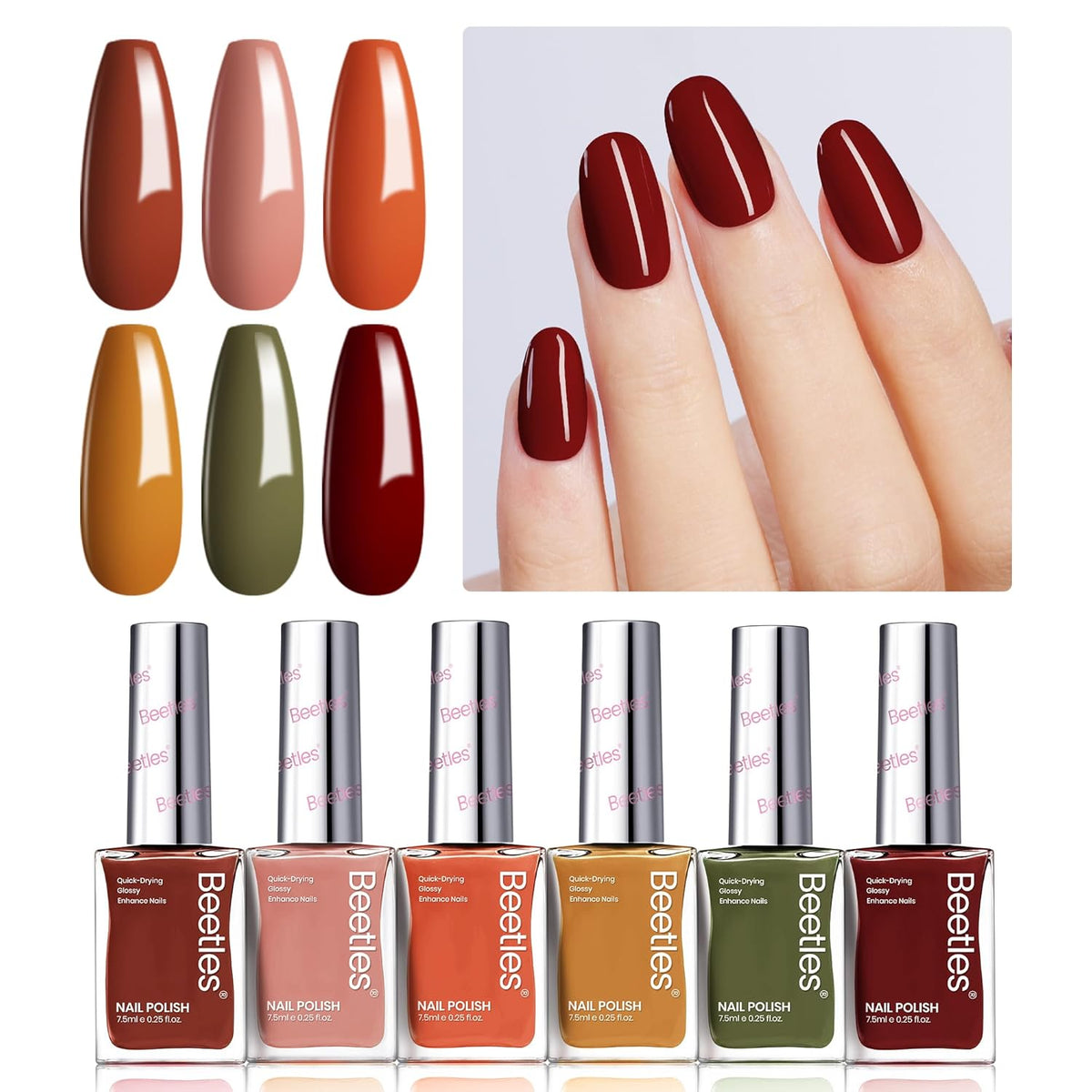 Beetles Fall Nail Polish Set P180, 6 Color Red Yellow Green Quick Air Dry Nail Polish, Natural Nail