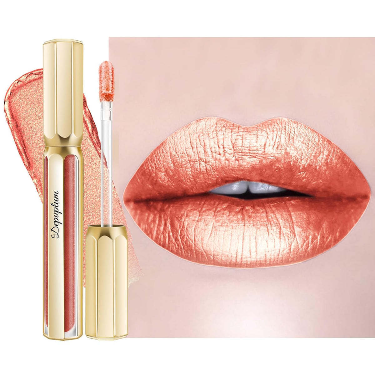 Peach Red Lipsticks for Women Metallic Lipstick Long Lasting Non Stick Cup Lip Gloss, Shimmer