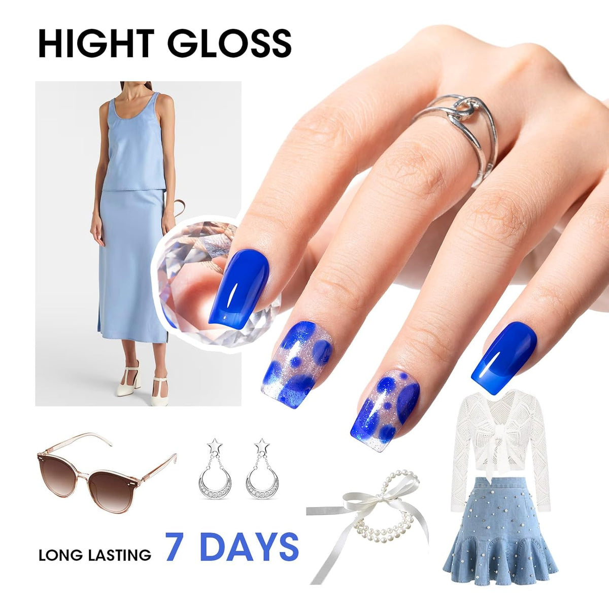 Gellen Blue Jelly Nail Polish, Sheer Nail Polish Quick Dry Summer 6 Colors Blue Glitter Set