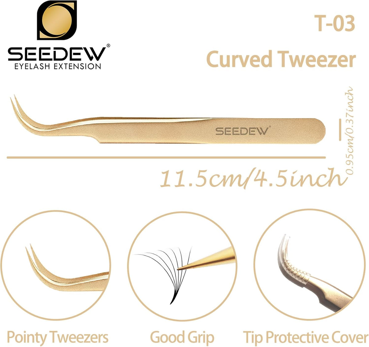 SEEEDEW Tweezer Eyelash Extensions - 1 Pcs Stainless Steel Curved Pointy Precision Tweezer for Lash