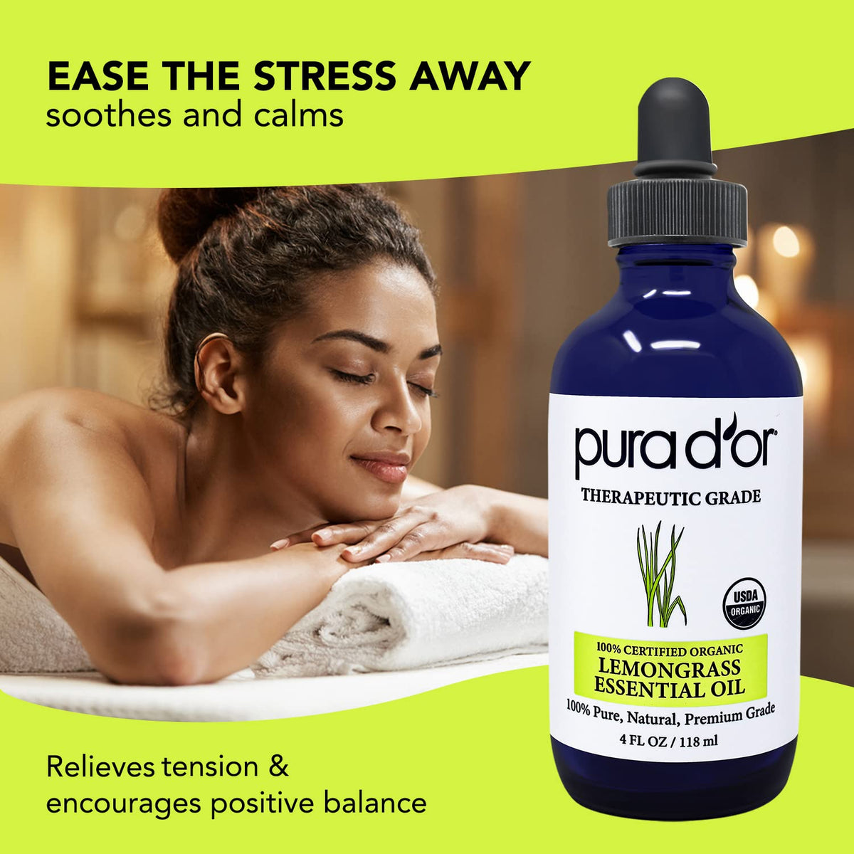 PURA D'OR Organic Lemongrass Essential Oil, 4oz, Therapeutic Grade, for Hair, Body, Skin