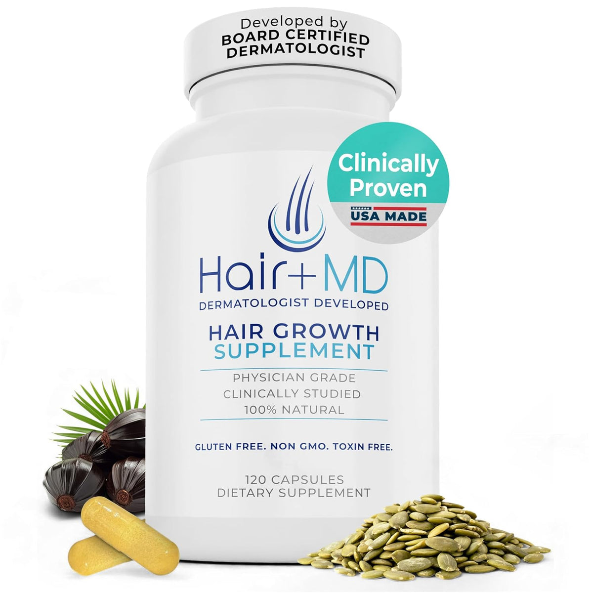Hair Plus MD Hair Growth Supplement, 120 Capsules – Supports Hair Growth & Density