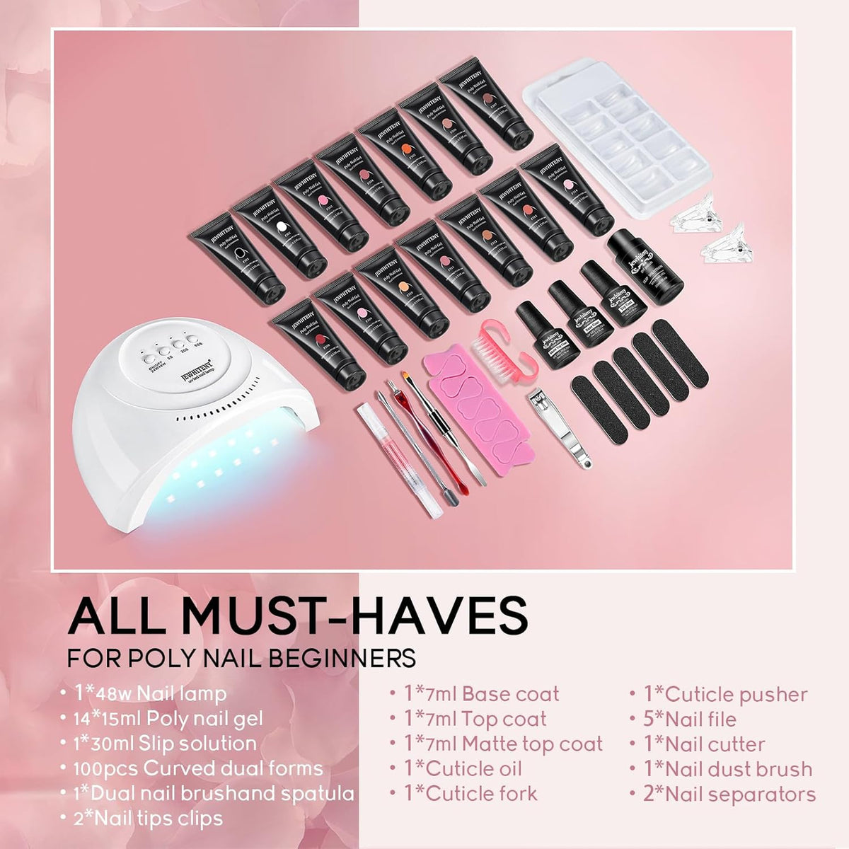 JEWHITENY 14 Colors Poly Extension Gel Nail Kit With U V Lamp Nude Pink White Brown All In One Poly