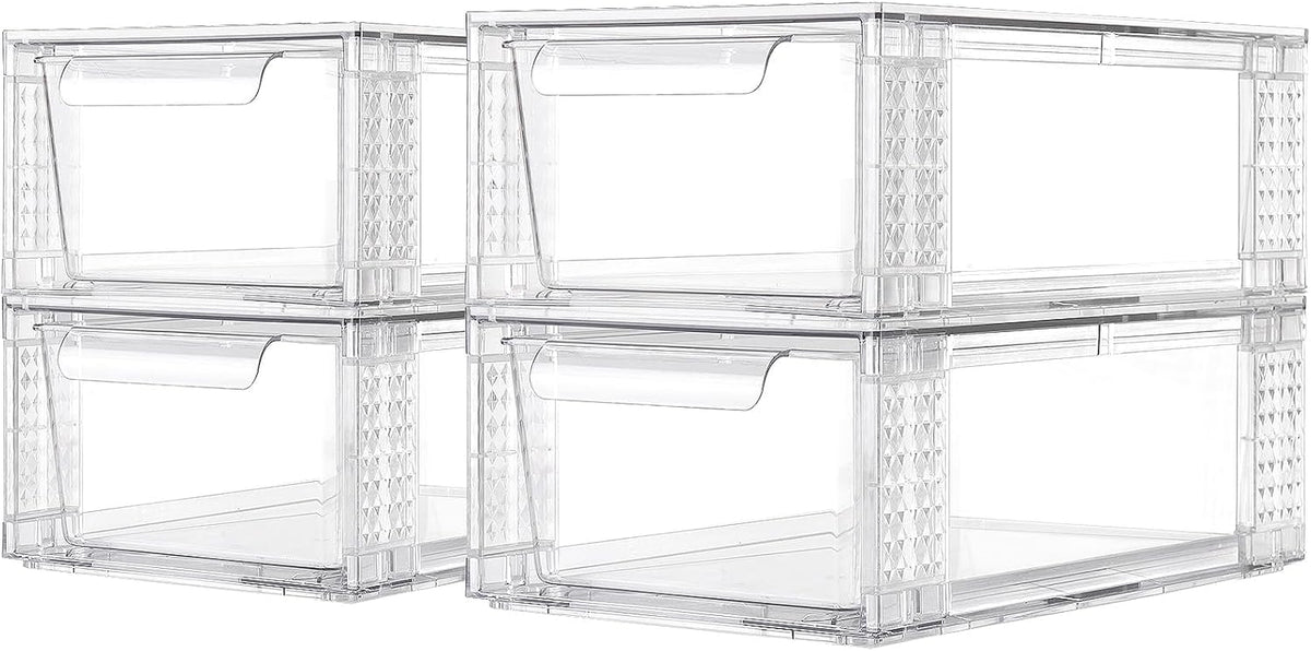 4 Pack Clear Stackable Storage Drawers, 3.95" H Easily Assemble Acrylic Organizer Bins - Multi-Use