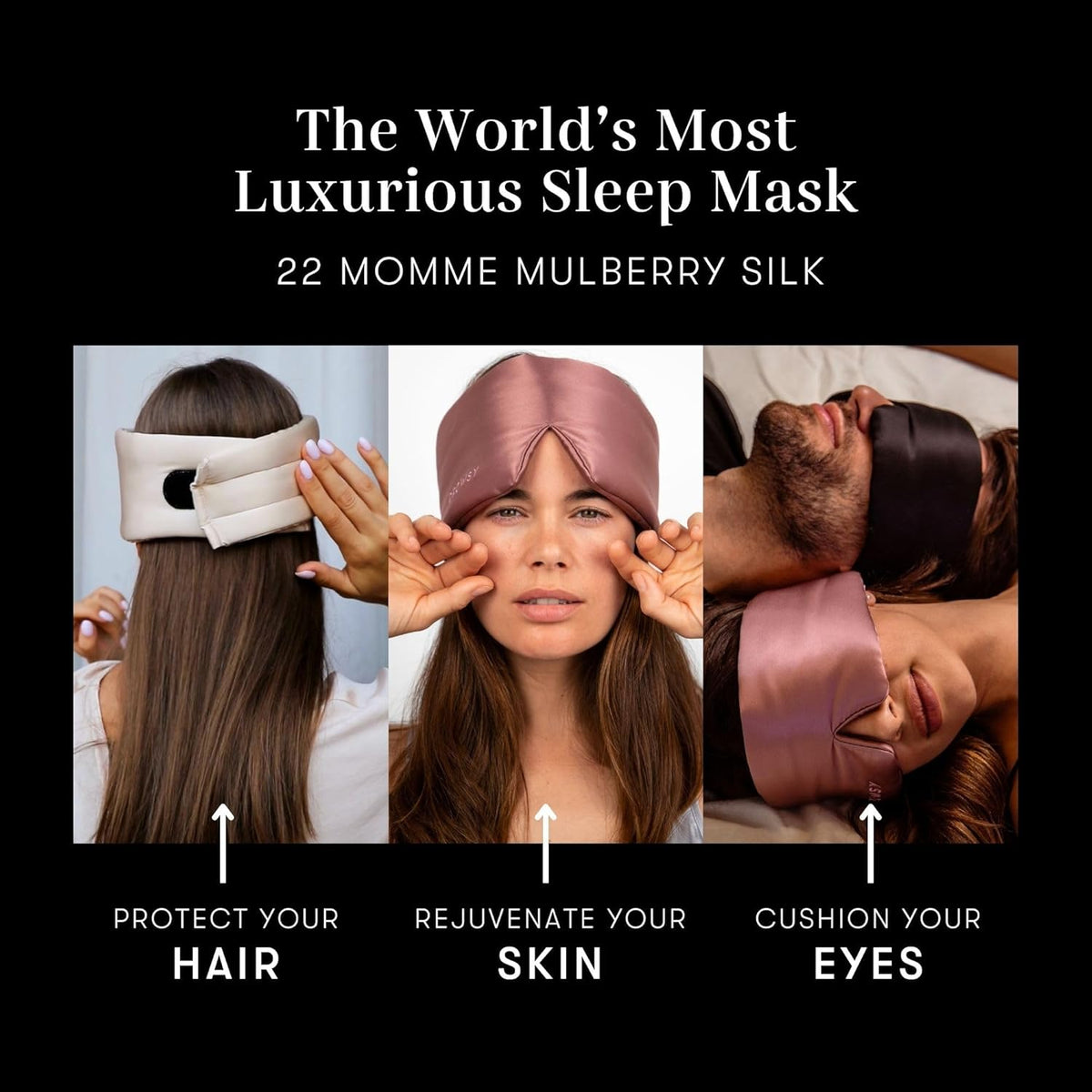 DROWSY Silk Sleep Mask. Face-Hugging, Padded Silk Cocoon for Luxury Sleep in Total Darkness. (Black
