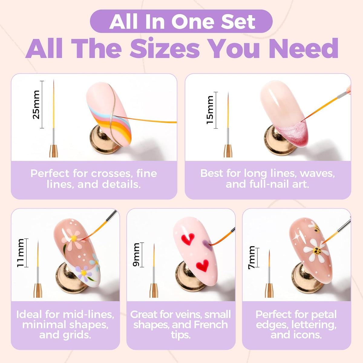 UNA GELLA Nail Art Pens Metallic, Liner Brushes Set For Nail Art Gel Polish, 5Pcs Purple Color