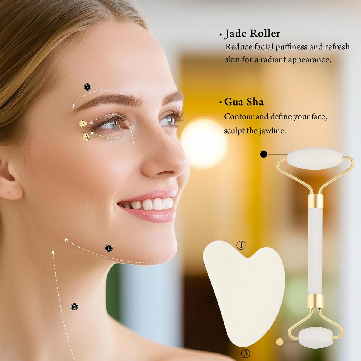 Real Perfection Gua Sha Facial Tools Face Roller for Wrinkles Jade Roller and Gua Sha Set, Scrubber