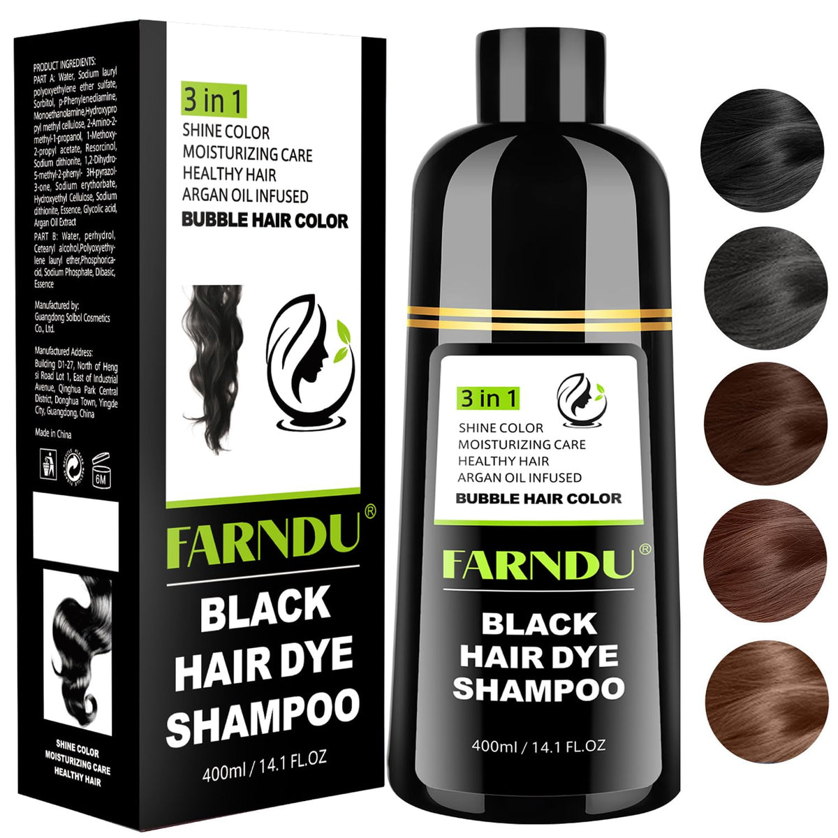 Black Hair Dye Shampoo for Women & Men, Gray Hair Coverage Herbal Natural 3 in 1 Hair Color