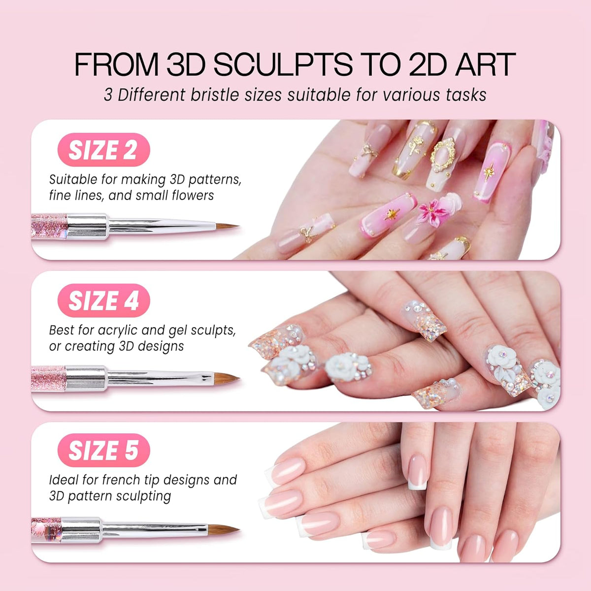 PANA 3D Kolinsky Nail Art Brush - Pink Glitter Handle, Size 4 - Acrylic Nail Art Sculpture Brush