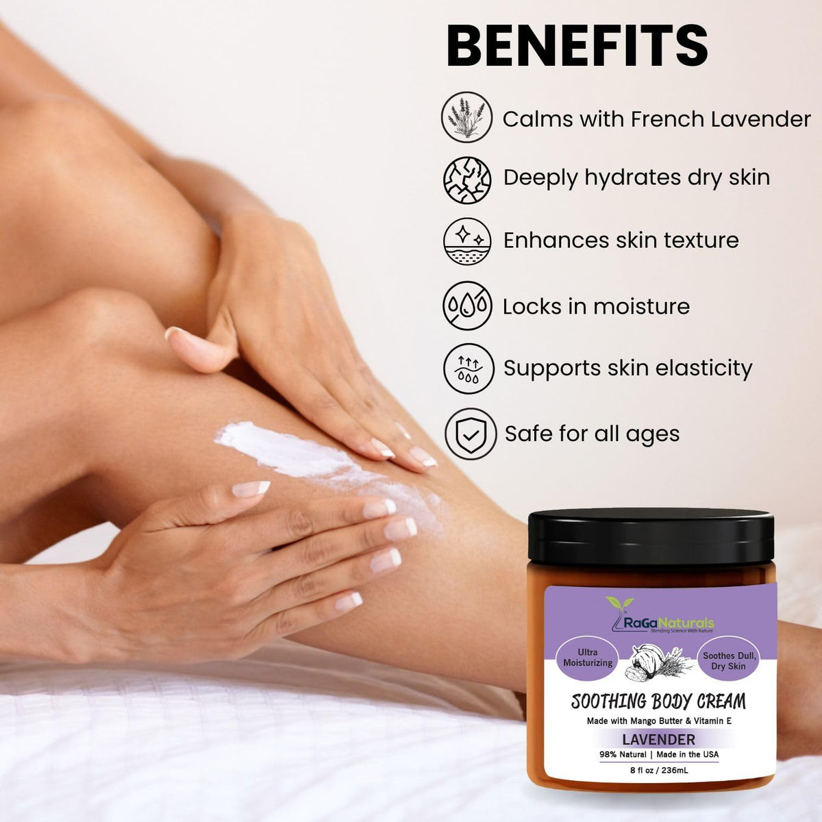 RaGaNaturals Calming Lavender Hand & Body Cream for Dry to Very Dry Skin - All Natural Vitamin E