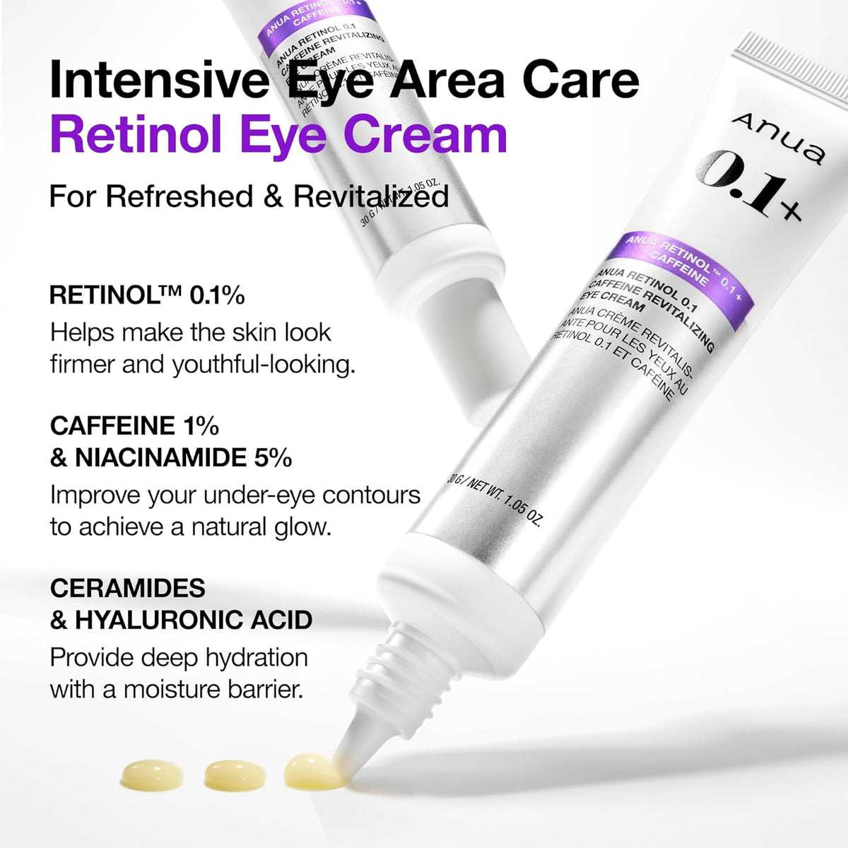 ANUA Retinol 0.1 Caffeine Revitalizing Eye Cream, Under Eye Cream For Hydration, Glow Up Eye