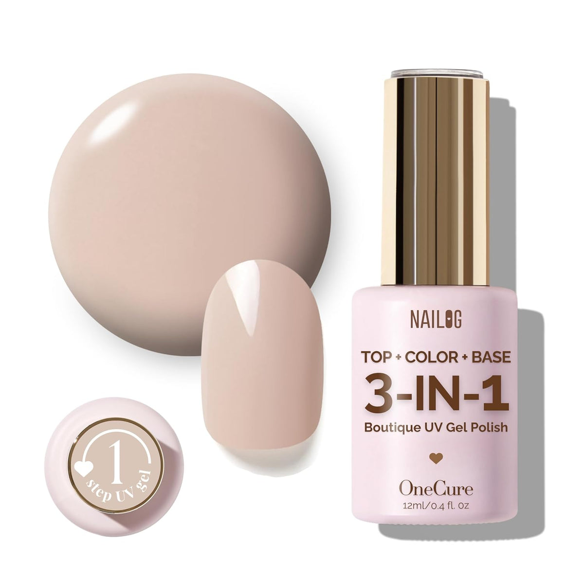 NAILOG One Step Beige Gel Nail Polish 12ml Top Coat Color Gel Base 3-In-1 Formula Soak Off UV Gel