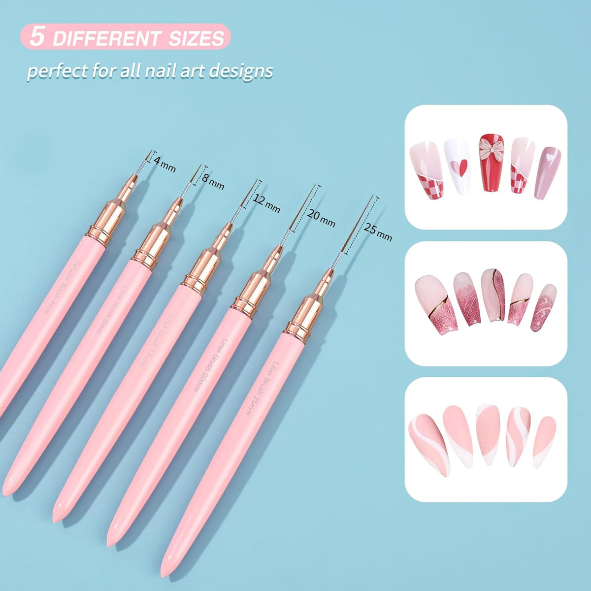 Metallic Nail Art Brushes, 5Pcs Nail Art Liner Brushes, Painting Art Design Brush Set Nail Dotting