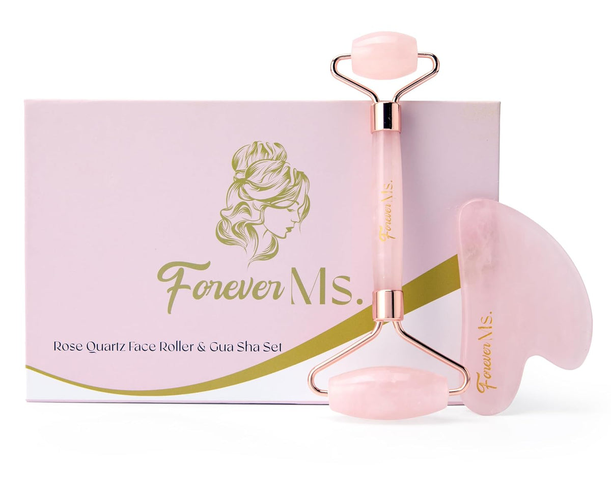 Face Roller & Gua Sha Set - Brazilian Certified Rose Quartz Stone - Natural Anti-Aging Facial