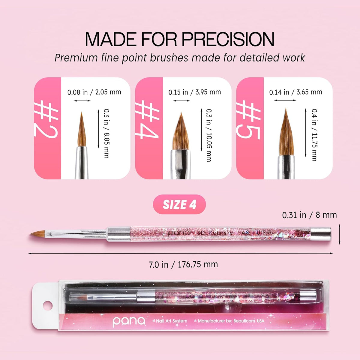 PANA 3D Kolinsky Nail Art Brush - Pink Glitter Handle, Size 4 - Acrylic Nail Art Sculpture Brush