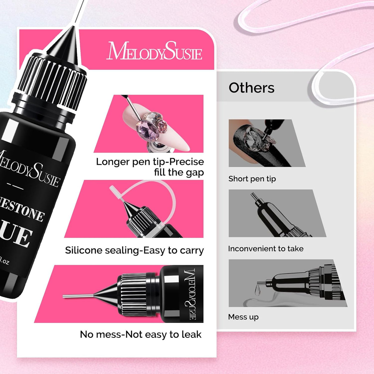 MelodySusie 2Pcs Nail Rhinestone Glue, 3D Gel Nail Art Design Strong Adhesive Nail Gem Glue for