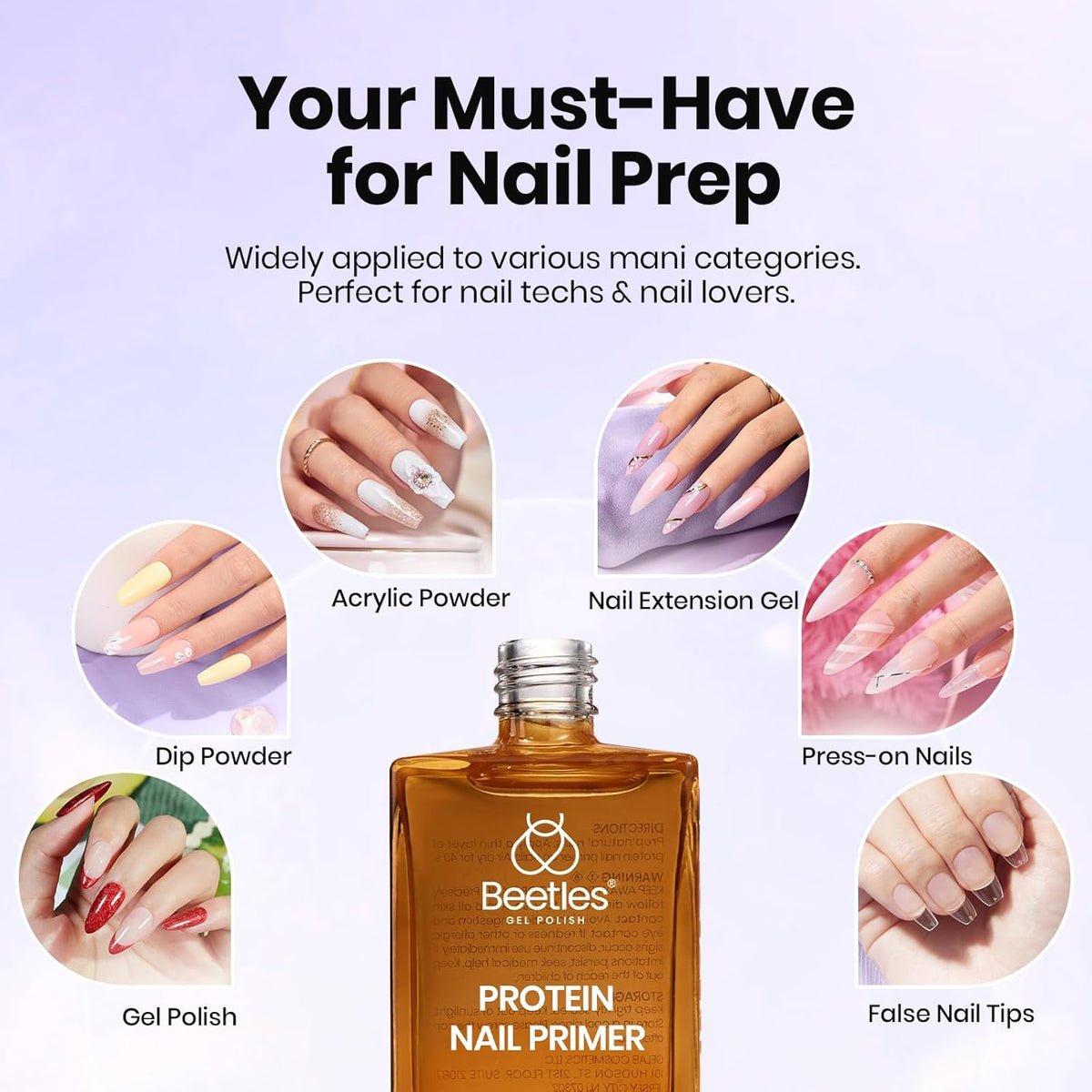 Beetles Nail Primer 15ml Protein Nail Prep for Gel Nail Polish, Upgraded Formula 2 in 1 Nail Bond