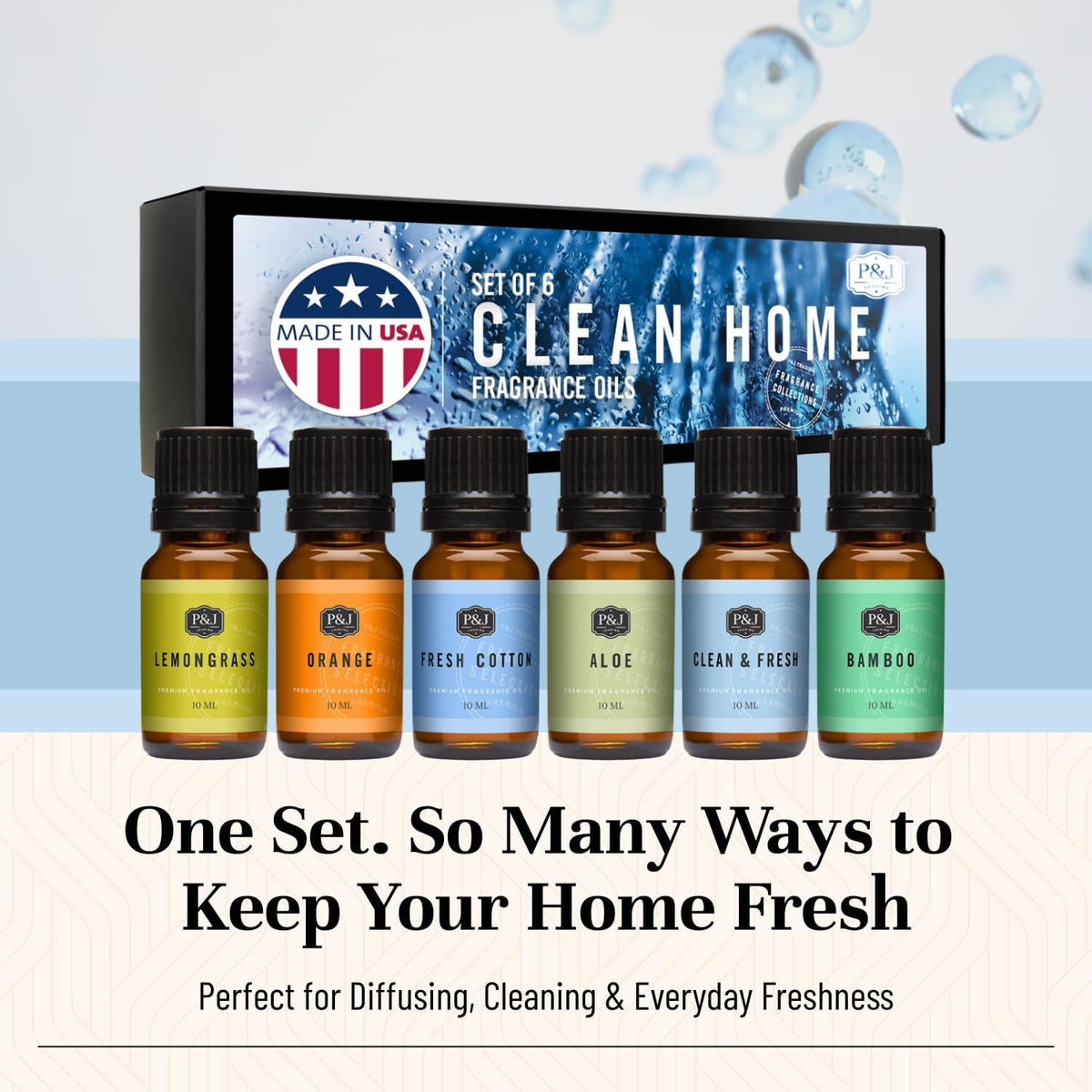 P&J Fragrance Oil Clean Home Set | Lemongrass, Fresh Cotton, Clean & Fresh, Aloe, Bamboo, Orange