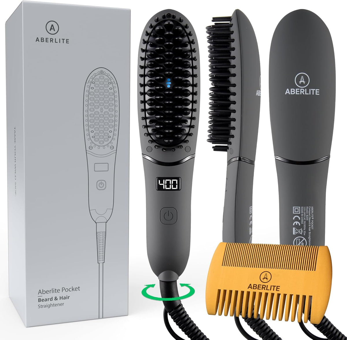 Aberlite Pocket - Compact Beard Straightener for Men - Ionic & Anti-Scald Technology - Beard