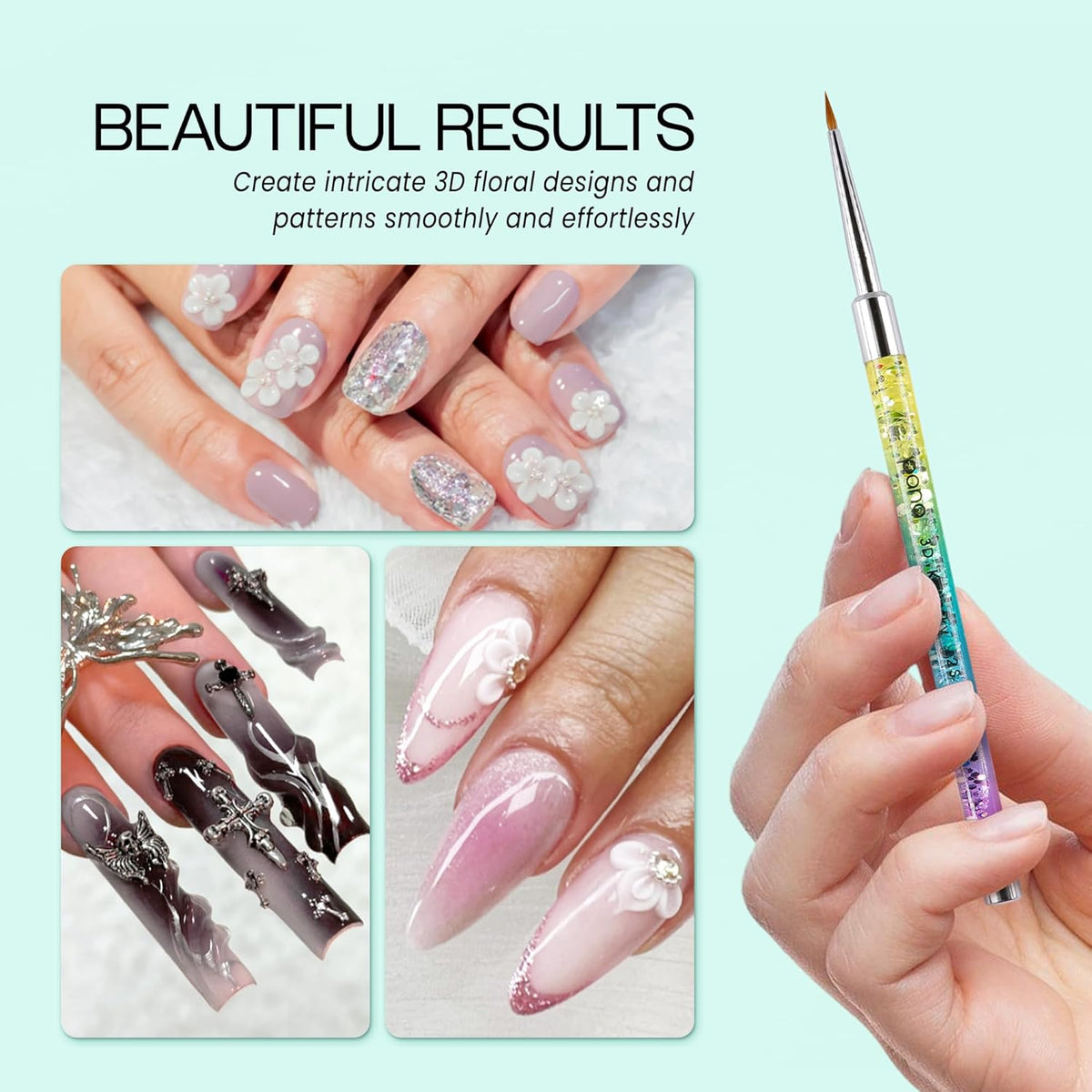 PANA 3D Kolinsky Nail Art Brush - Rainbow Glitter Handle, Size 2 - Acrylic Nail Art Sculpture Brush