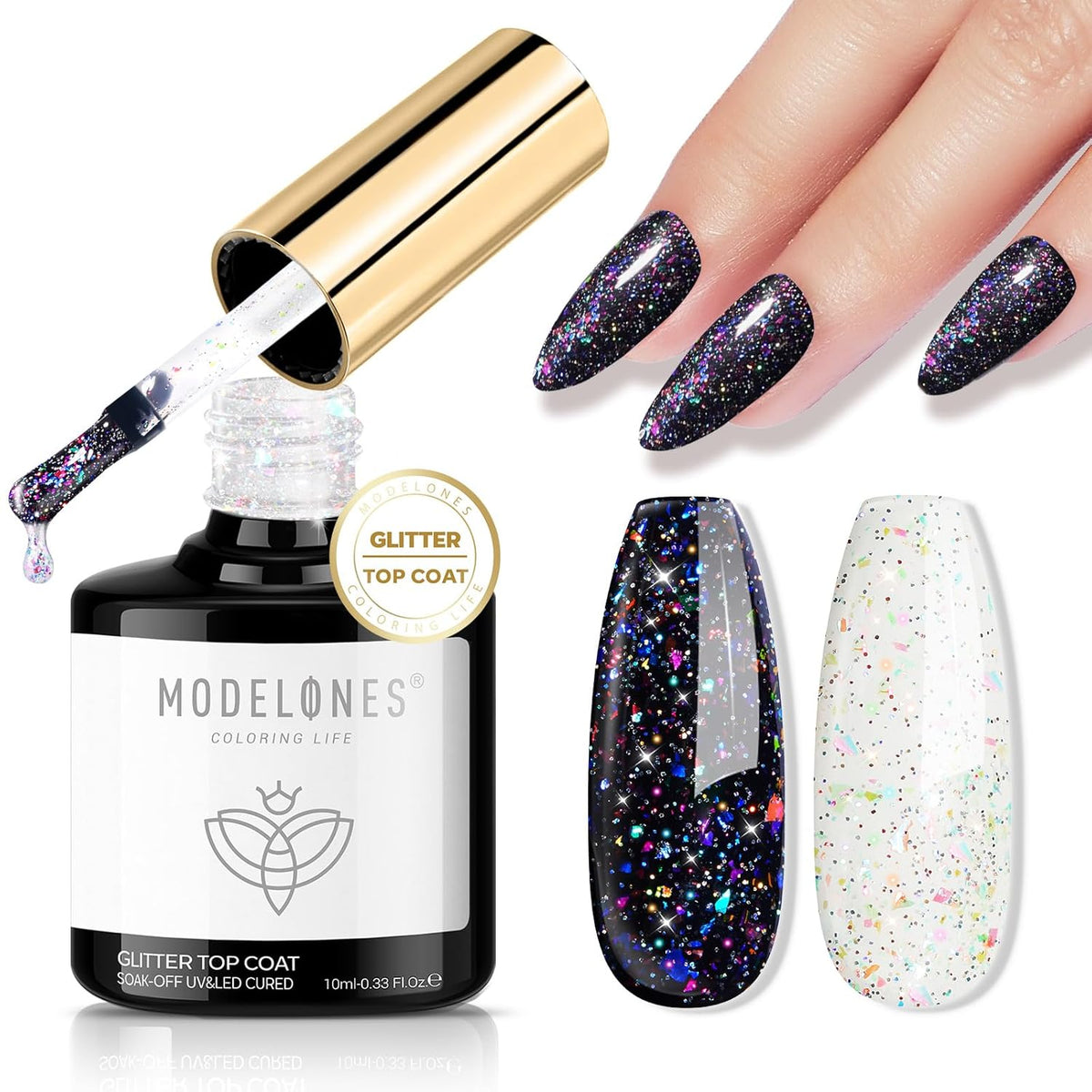 modelones Glitter Gel Nail Polish Top Coat, Rainbow Confetti Gel Top Coat with Scattered Sparkle