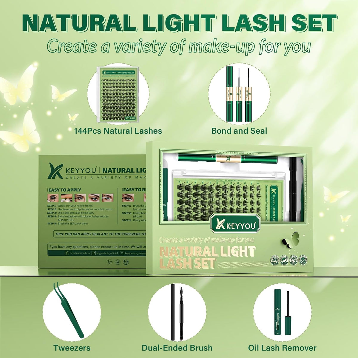 KEYYOU Natural Lash Clusters Kit 144Pcs DIY Lash Extension Kit Wispy Eyelash Extensions Kit D Curl