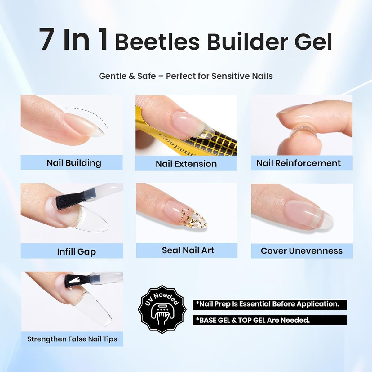 Beetles Builder Gel Set,Dew Glow 2 Pcs 0.5 oz 8 in 1 Nail Strengthening Apex Building Nail