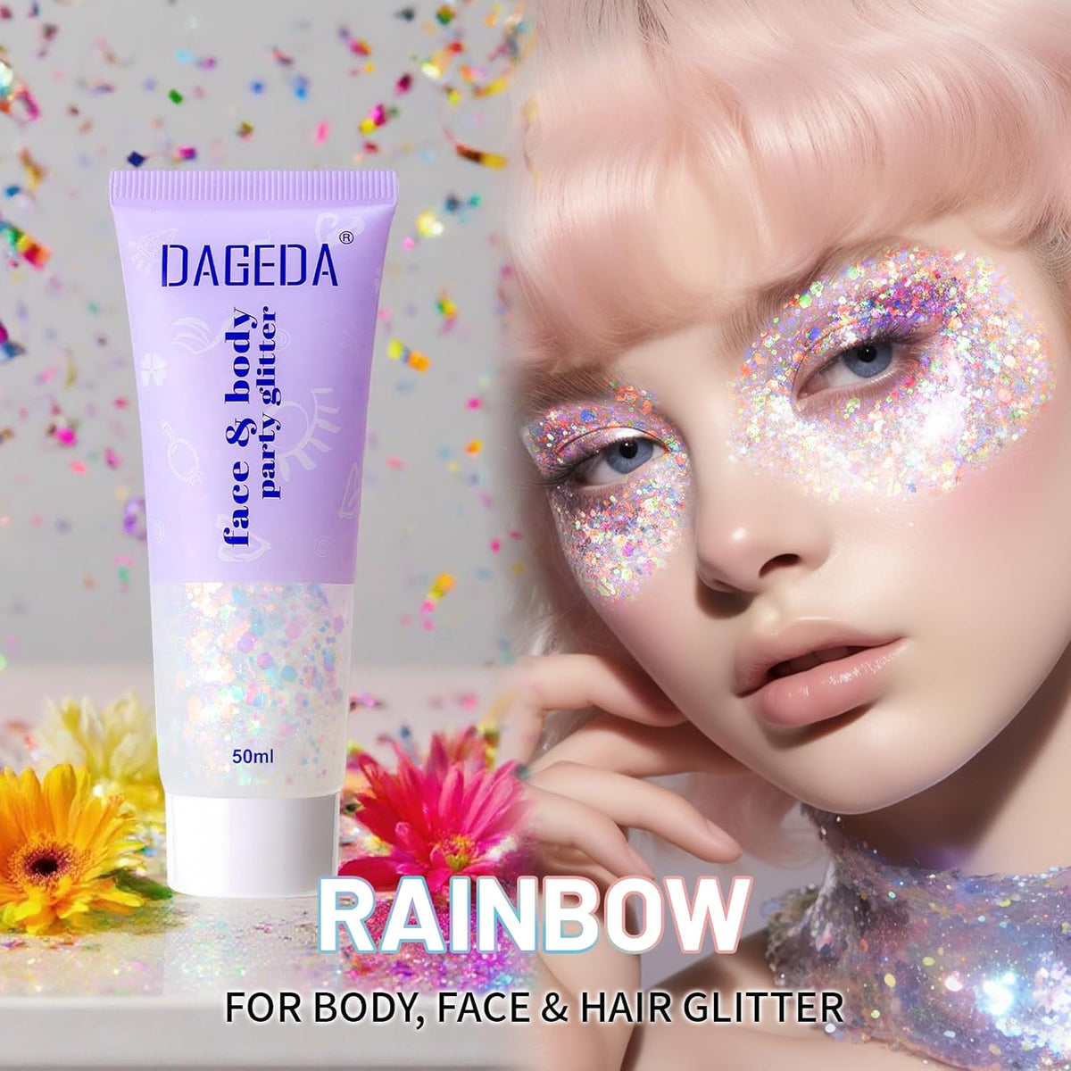 DAGEDA Rainbow Color Body Glitter Gel, Holographic Face Glitter Body Gel Rave Party Accessories