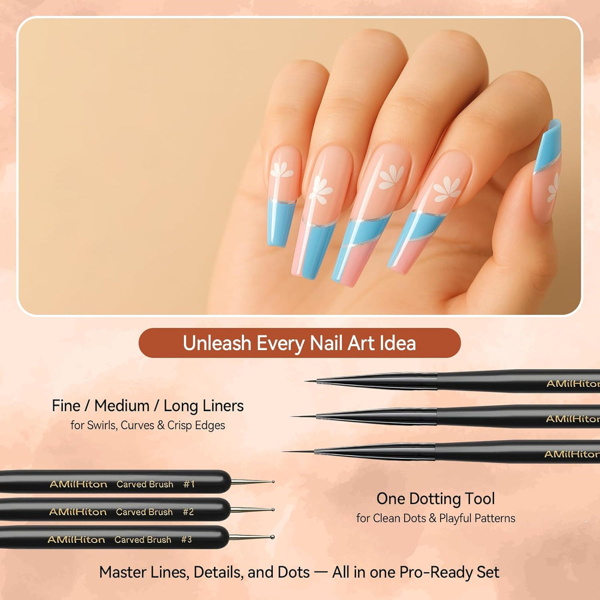 8PCS Nail Art Brushes for Builder Gel, Polygel & Polish – Flat, Round, Liner, French Tip & Detail