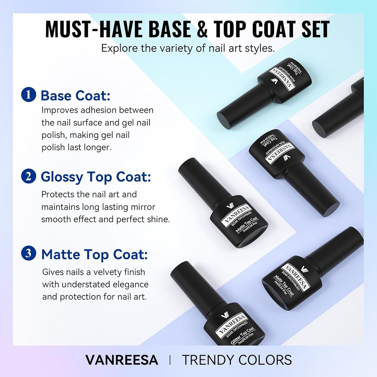 VANREESA 24 Pcs Gel Nail Polish Set, 21 Colors Gel Polish with Base Coat Glossy & Matte Top Coat