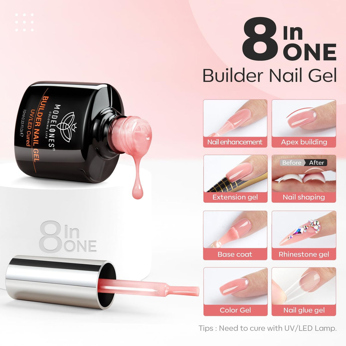 modelones Builder Nail Gel with Nail Dehydrator and Primer, 3Pcs Rose Nude Pink LED Gel Builder