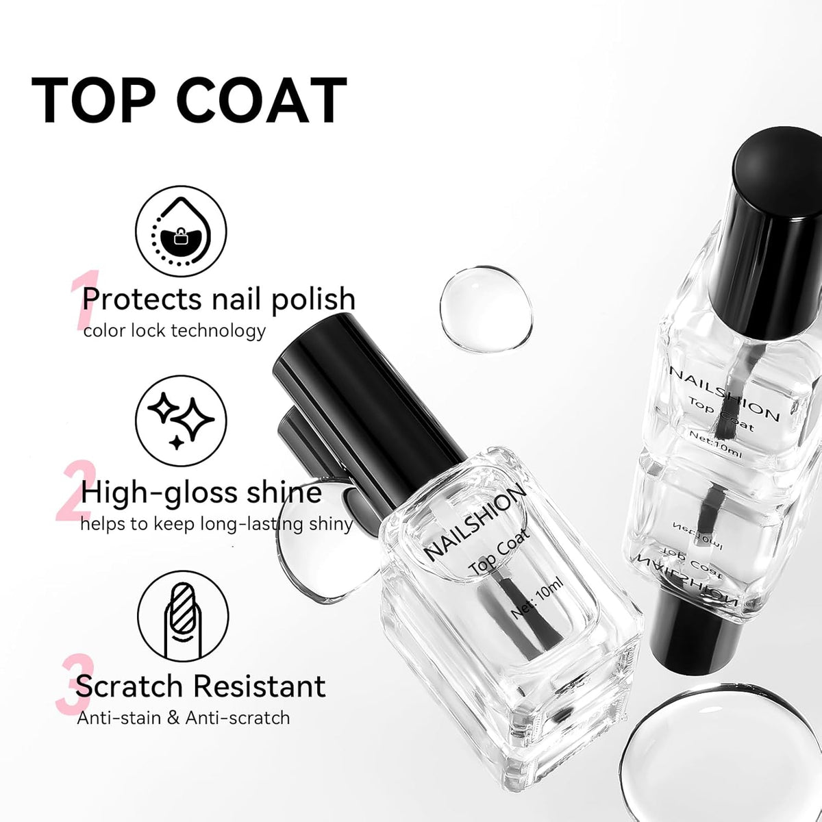 2Pcs Top Coat for Nail Polish, Quick Air Dry Clear Regular Nail Polishes High Shine Finish
