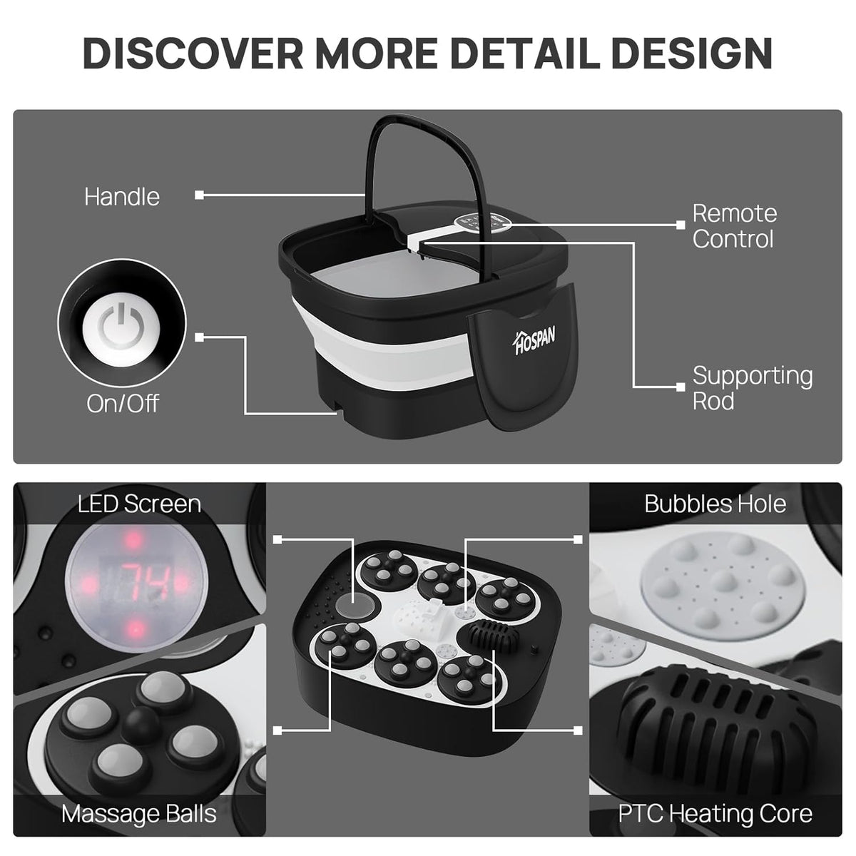 HOSPAN Collapsible Foot Spa Electric Rotary Massage, Foot Bath with Heat, Bubble, Remote, and 24