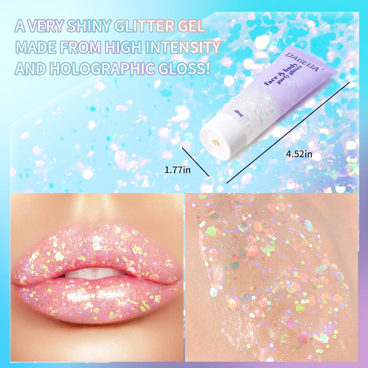DAGEDA Rainbow Color Body Glitter Gel, Holographic Face Glitter Body Gel Rave Party Accessories