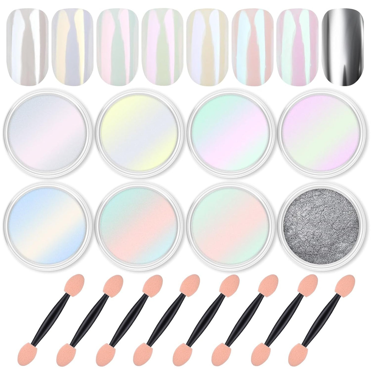 Artdone 8 Jars Chrome Nail Powder Magic White Pearl Kit Mirror Effect Silver Metallic Holographic