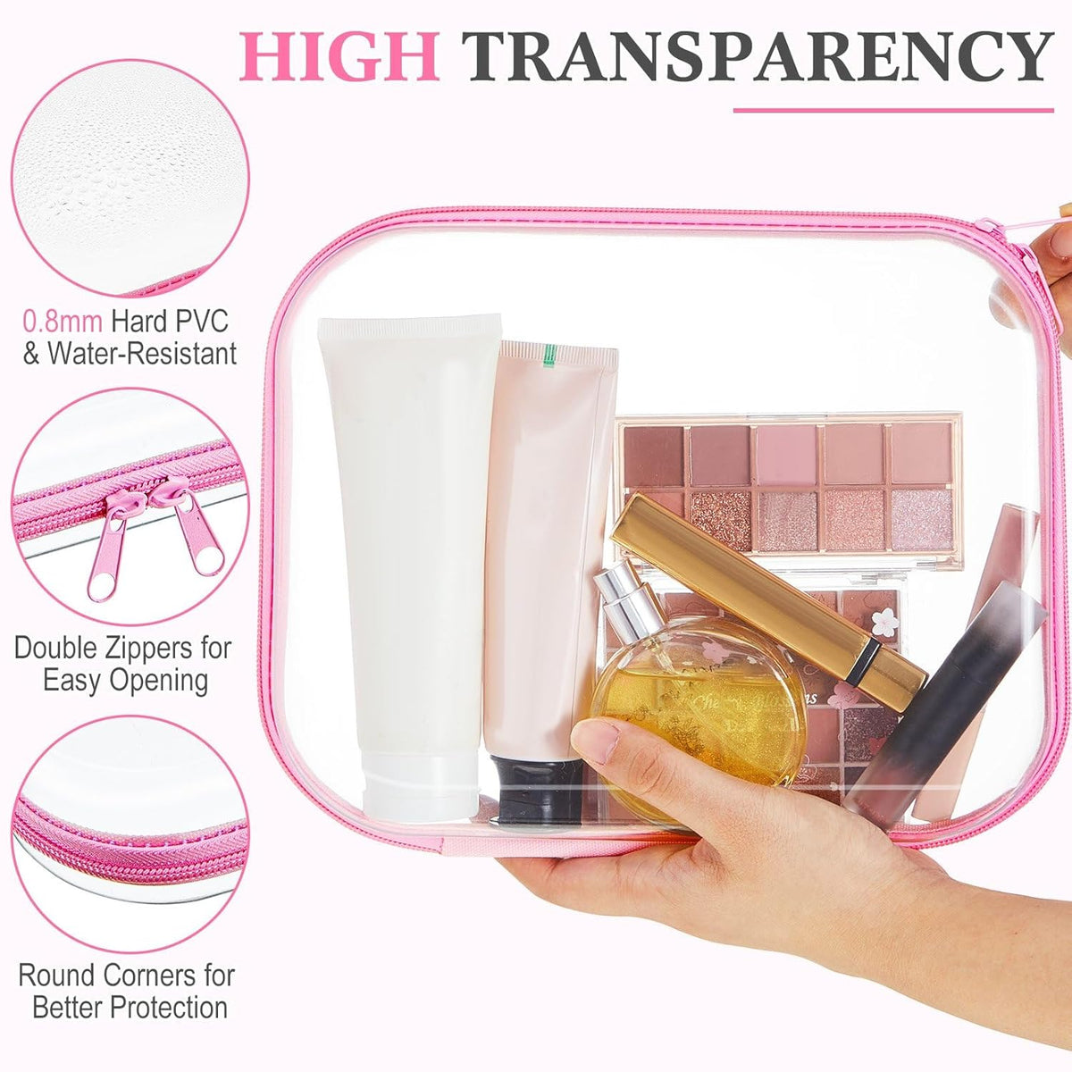 Hoolerry 3 Pcs Clear Hard Zipper Case Plastic Pouch Transparent Hard Case Clear Makeup Bag Portable