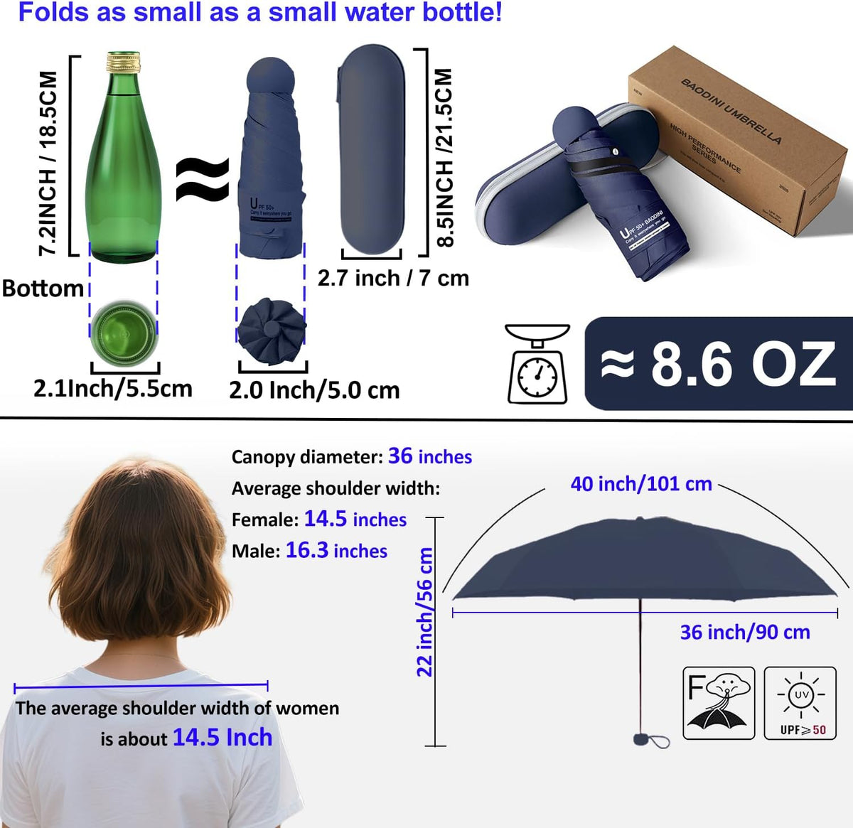 BAODINI Travel Essentials Mini Umbrella for Purse With Case Small Compact UV Sun Protection