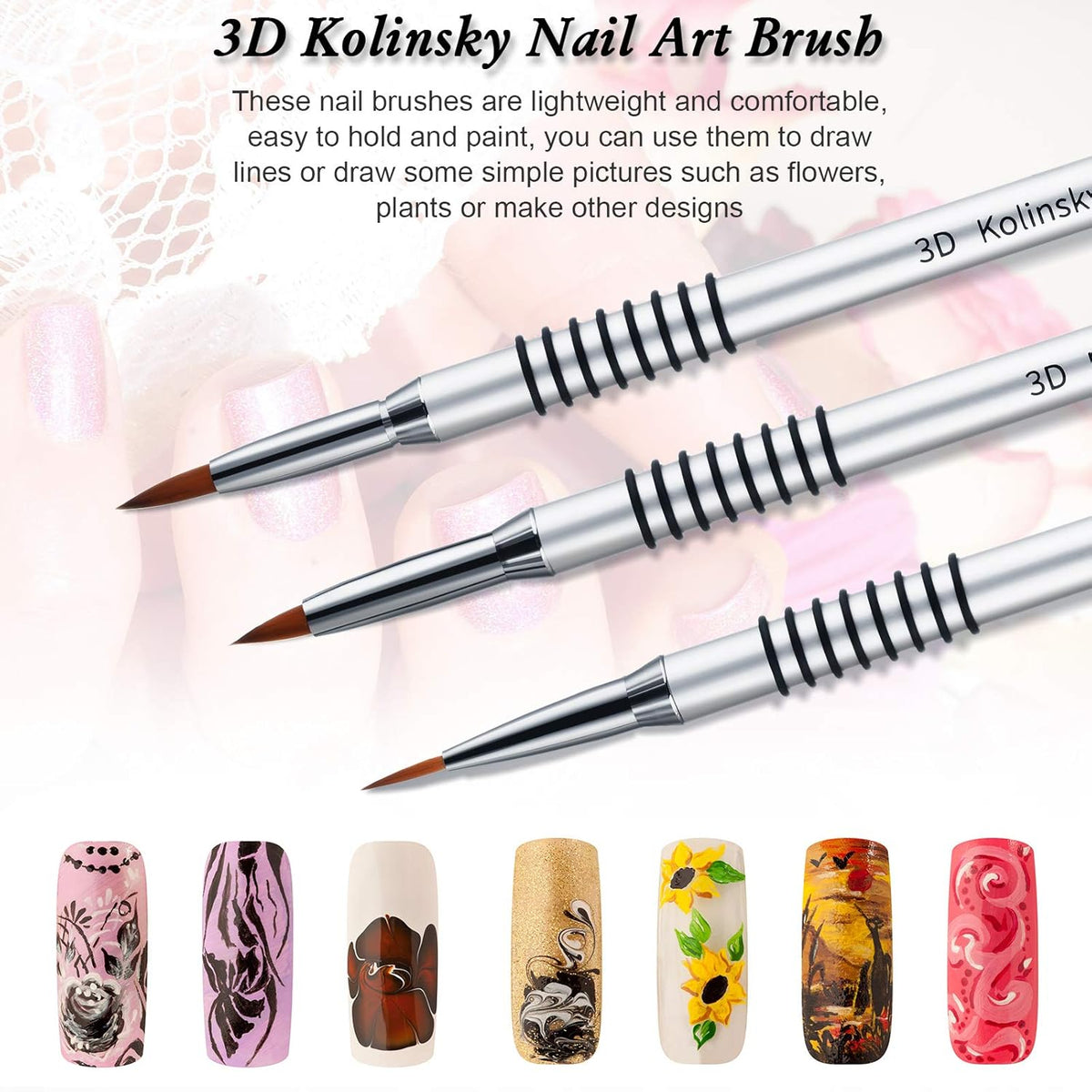 Patelai 3 Pcs Kolinsky 3D Nail Art Brush Set Size 2/4/5 Acrylic Nail Art Brush with Silver Metal