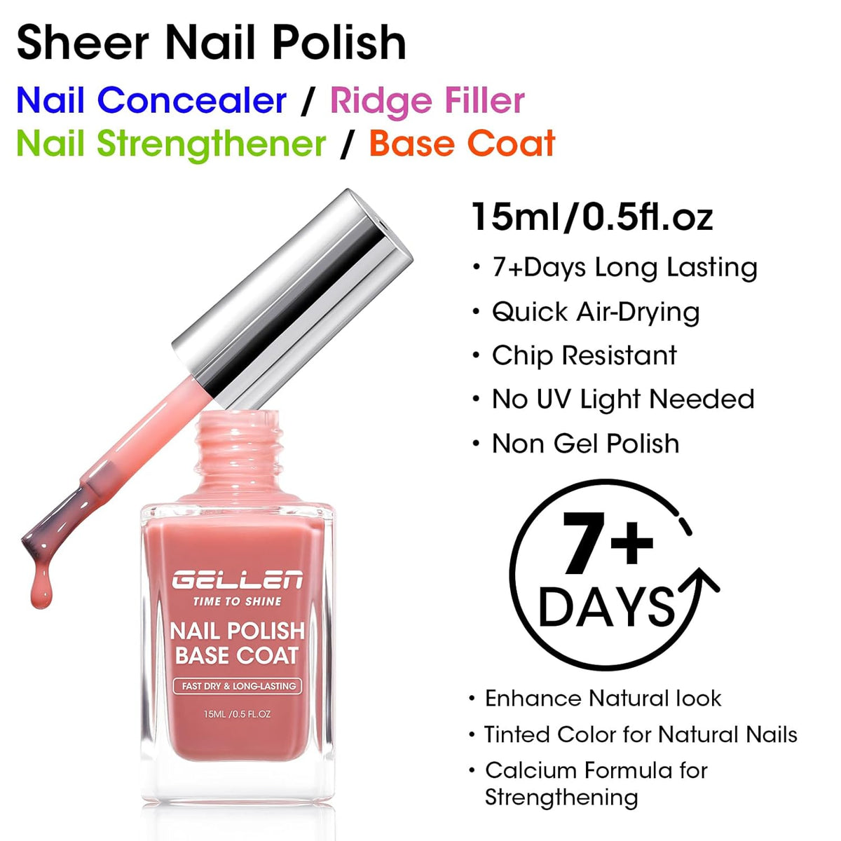 GELLEN 4-In-1 Illuminating Nail Concealer Base Coat Polish Dusty Rose Pink, Sheer Nail Strengthener