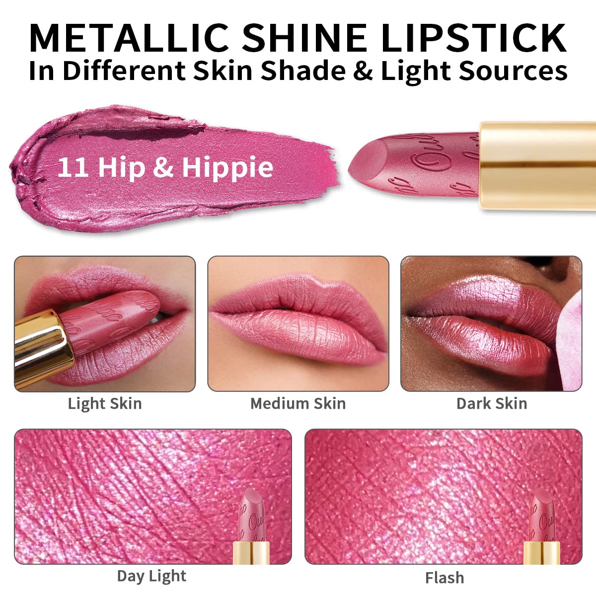 Oulac Pink Lipstick for Women with Metallic 3D Shine Lightweight Hydrating Formula, High Impact Lip