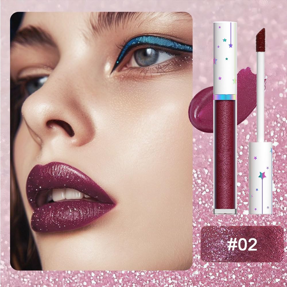 evpct 1Pcs Dark Wine Red Metallic Shimmer Glitter Lip Gloss Liquid Lipstick Long Lasting Waterproof