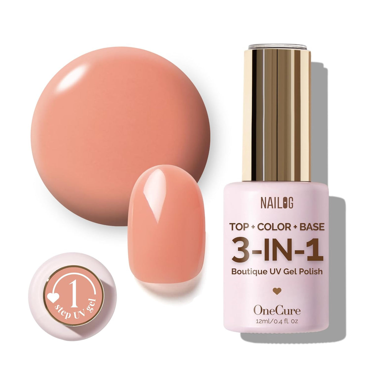 NAILOG One Step Gel Nail Polish 12ml Top Coat Color Gel Base 3-In-1 Formula Soak Off UV Nude Gel
