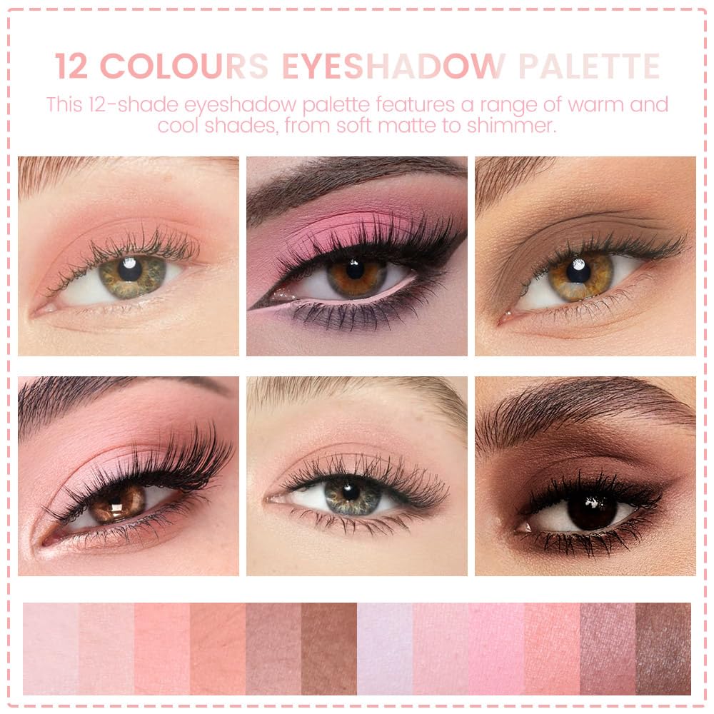 AMY'S DIARY 12 Color Light Pink Brown Eyeshadow Palette, Long-Lasting, and Highly Pigmented eye