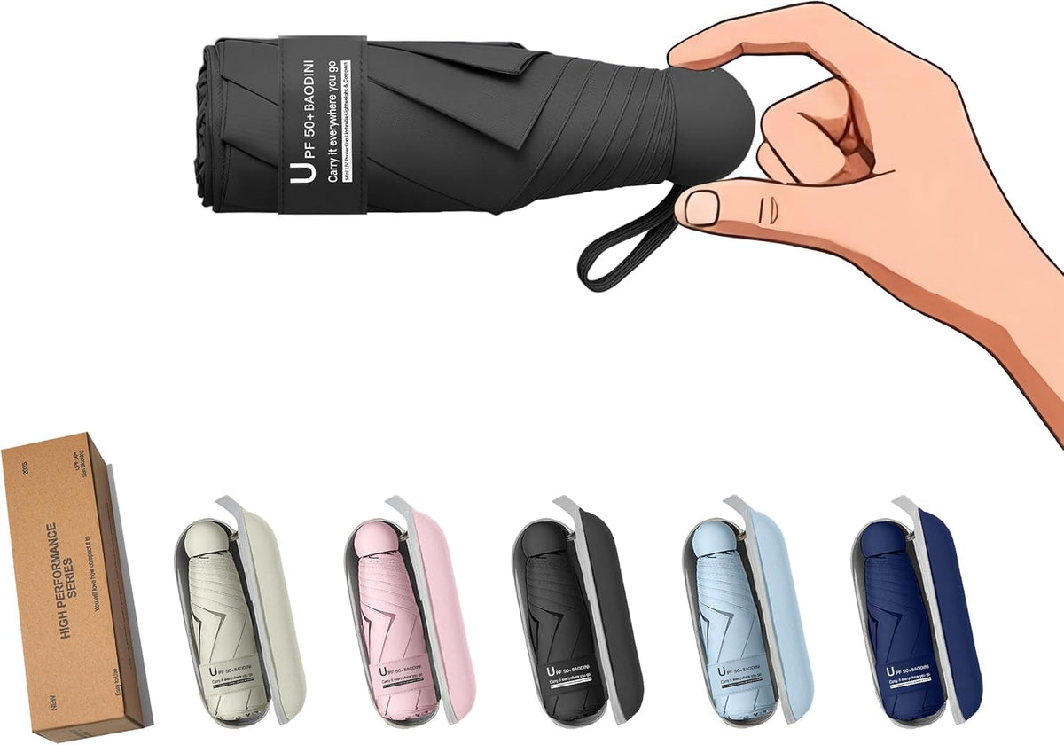BAODINI Travel Essentials Mini Umbrella for Purse With Case Small Compact UV Sun Protection