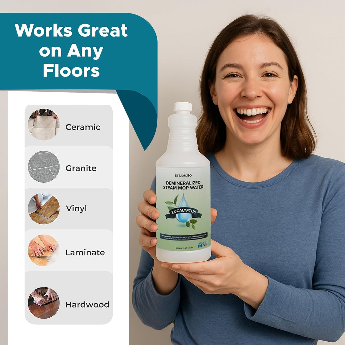 Steam & Go Demineralized Water for Steam Cleaner, PVC-Free Floor Cleaning Liquid Compatible With