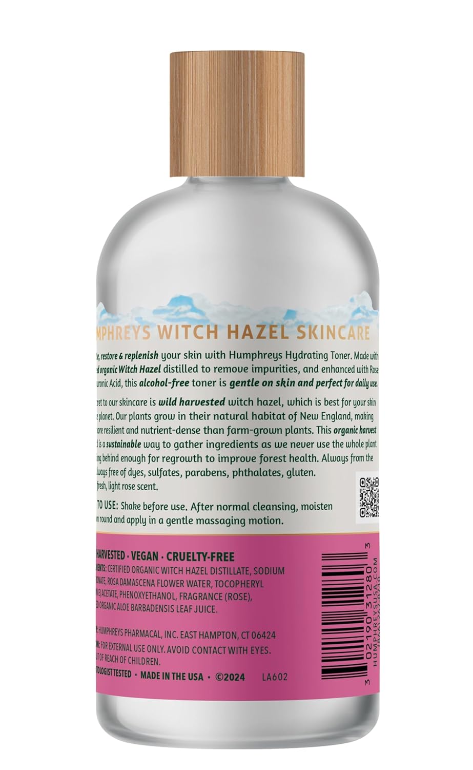 Humphreys Witch Hazel Hydrating Toner | Wild Harvested Witch Hazel & Rose | Natural, Alcohol-Free